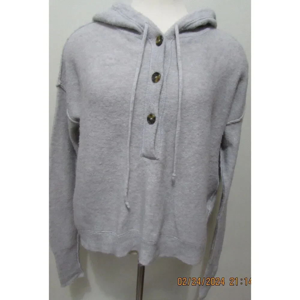 FREE PEOPLE SIZE S WOOL ALPACA BLEND HOODED PULL-ON SWEATER GRAY BUTTONS SOFT